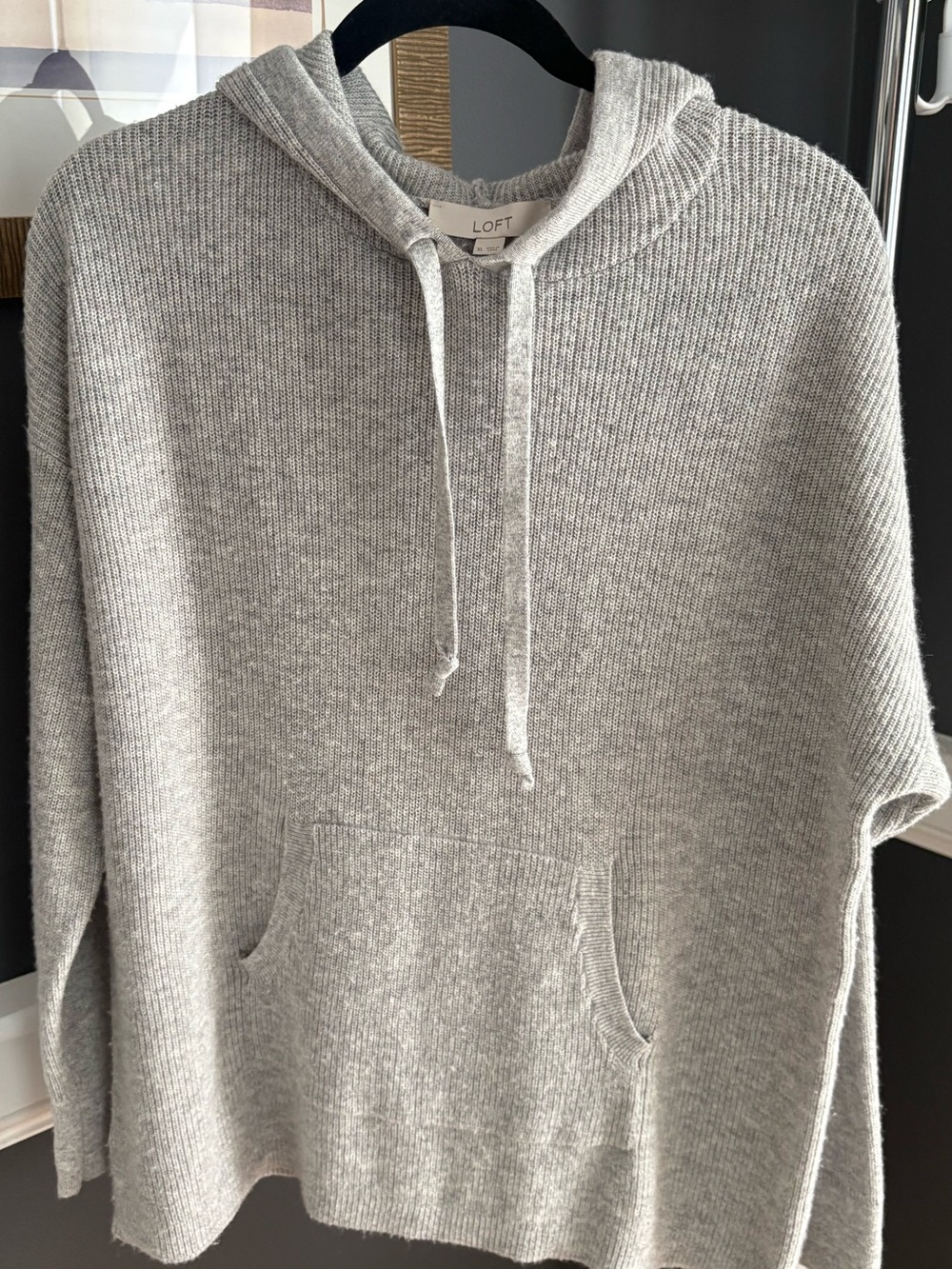 LOFT Womens XL Gray Waffle Knit Hoodie Sweater Oversized Kangaroo Pocket